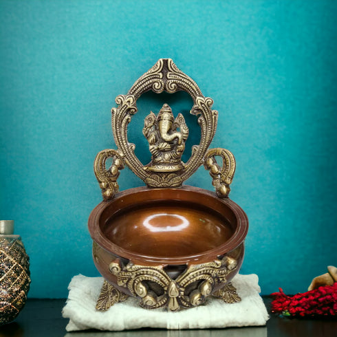 Tamas Brass Handcrafted Ethnic Carved Ganesha Design Brass Decor Urli Bowl  (Golden & Brown) (Pack of 1)